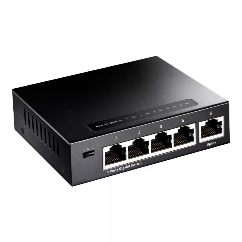 Przełącznik sieciowy Cudy GS105 — 5-portowy Gigabit Ethernet (10/100/1000), czarny, zasilanie 5 V DC w zestawie
