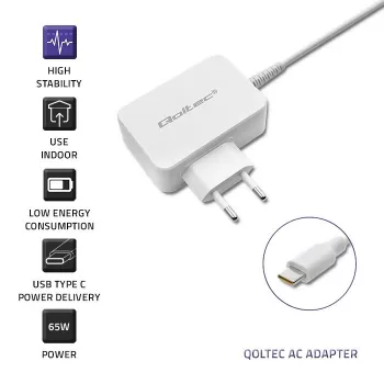 Zasilacz QOLTEC 51039 65W AC-to-DC 220–240V 20.3V/3.25A Type C biały, kabel 1.7 m