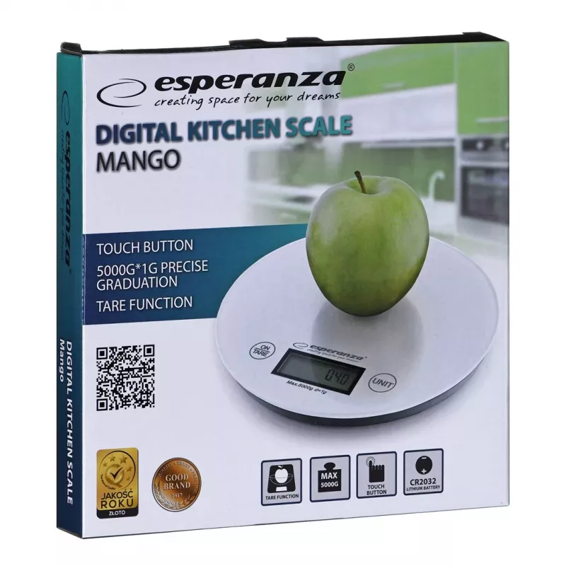 Elektroniczna waga kuchenna ESPERANZA EKS003W, pojemność 5 kg, dokładność 1 g, szkło hartowane, sterowanie dotykowe