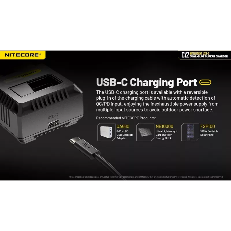 Ładowarka do akumulatorów Nitecore Ci12 Uniwersalna ładowarka USB do Li-Ion, NiCd, NiMH, wejście 3A 5/9/12V, obudowa z tworzywa sztucznego