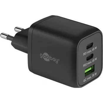 Szybka ładowarka USB-C Nano, PD, GaN, 65 W, pleciony kabel USB-C (czarna, 1x USB-A, 2x USB-C PD, Quick Charge 3.0, kabel 1 metr)