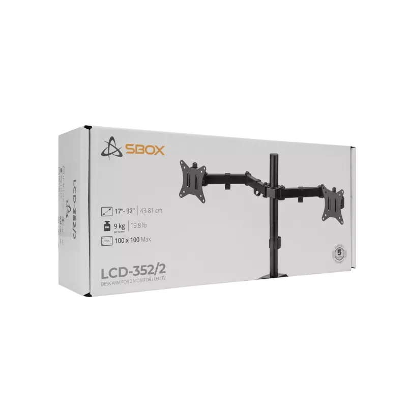 Uchwyt ścienny do monitora SBOX LCD-352/2-2 dla ekranów 13–32 cali, podwójne ramię, obciążenie 2×8 kg, VESA 100×100