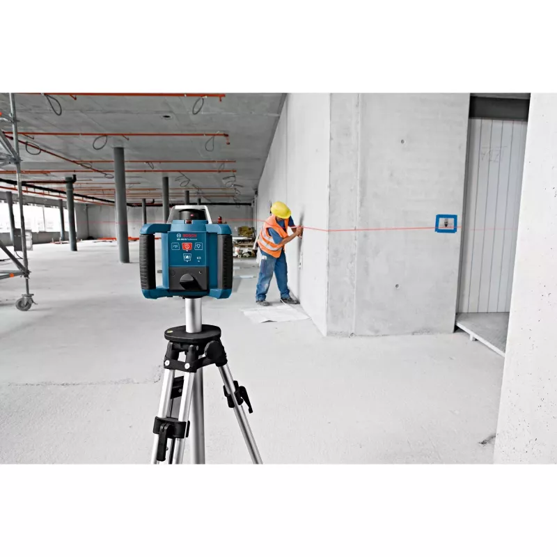 Bosch laser rotacyjny GRL 300 HV Professional niebieski/czarny, czerwona linia laserowa i punkt pionu, z uchwytem WM 4 i odbiornikiem laserowym LR 1, w walizce