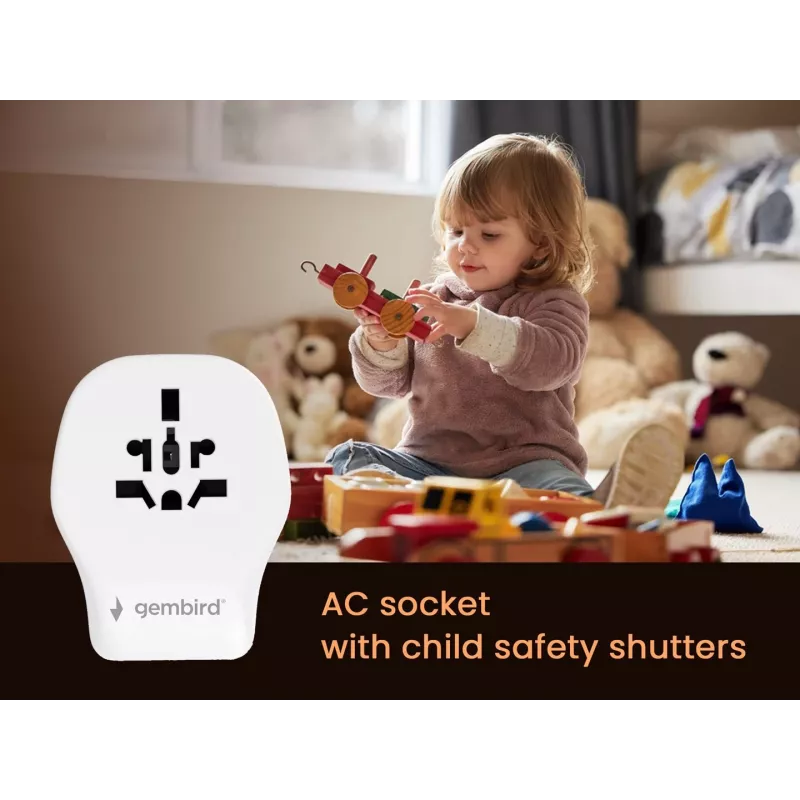 Podróżny adapter ścienny GEMBIRD TPA-1A2C20-02-W 20W — 1×USB-A + 2×USB-C, wtyczka typu G, 100–250V, biały