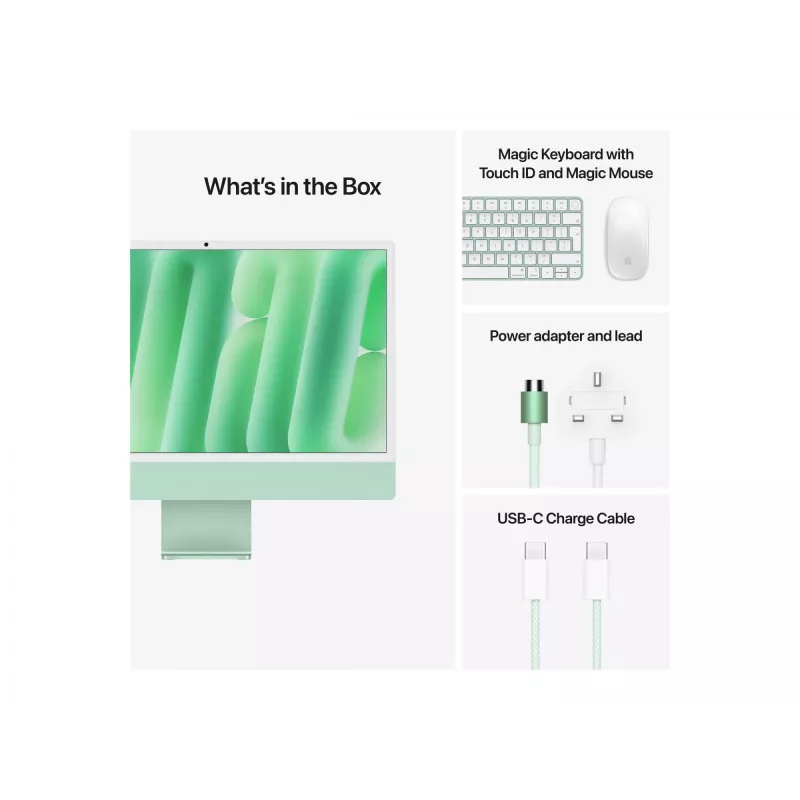 iMac 24 Retina 4.5k Display M4, zielony, M4 (10-CPU/10-GPU), 24 GB, 512 GB, standardowe szkło, Touch ID, niemiecki, Gigabit Ethernet, Magic mysz, MD2Q4D/A