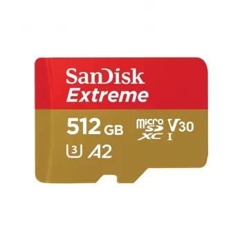 Karta pamięci MicroSDHC SANDISK Extreme 512 GB UHS-I A1 V30 U3 Class 10, odczyt 190 MB/s, zapis 130 MB/s, zawiera adapter SD