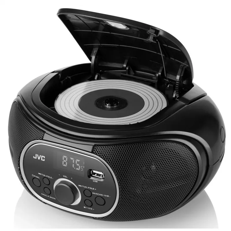 Przenośny odtwarzacz CD JVC RD‑E221B — czarny, CD/MP3, magnetofon kasetowy, odtwarzanie USB, radio FM, AUX, zasilanie bateryjne/sieciowe