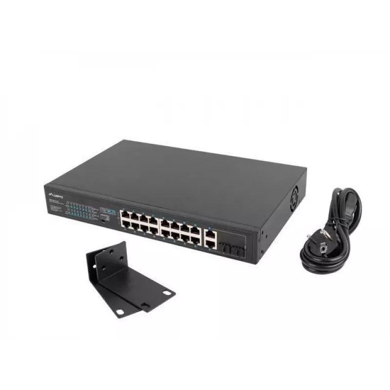 Niezarządzalny przełącznik LANBERG RSFE-16P-2C-250 — 18-portowy Gigabit, 16x PoE+ (30W), 2x SFP, 250W, 1U, metal, montaż w szafie