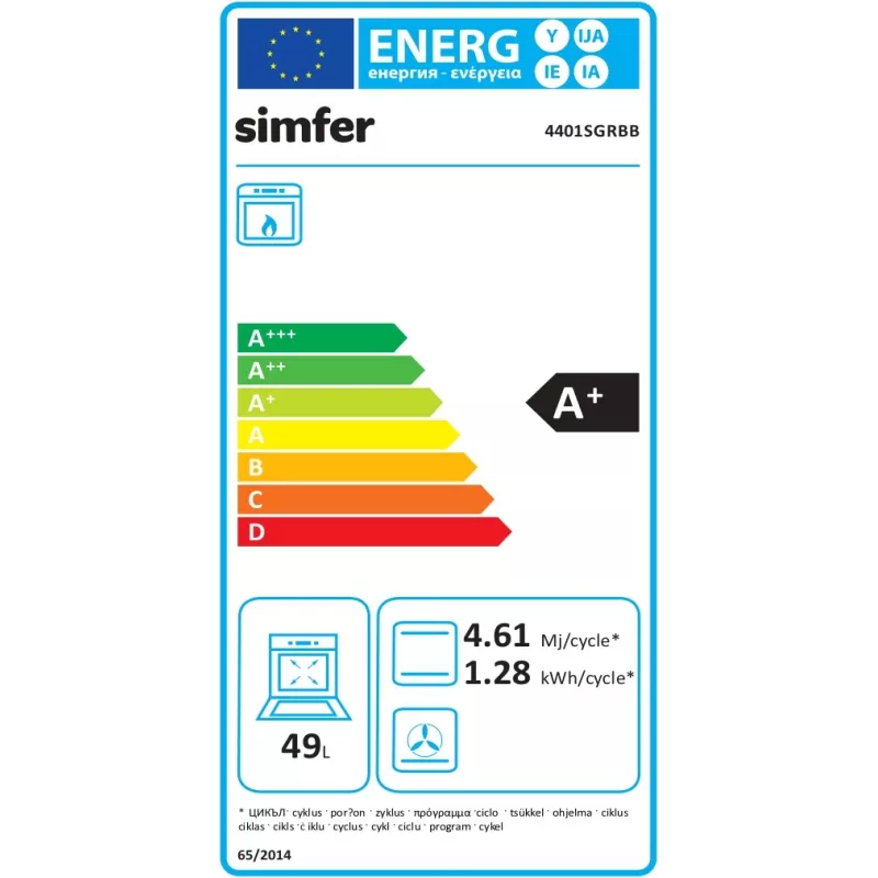 Kuchenka gazowa SIMFER 4401SGRBB.1 z płytą gazową i piekarnikiem gazowym, szerokość 50 cm, głębokość 55 cm, klasa energetyczna A+