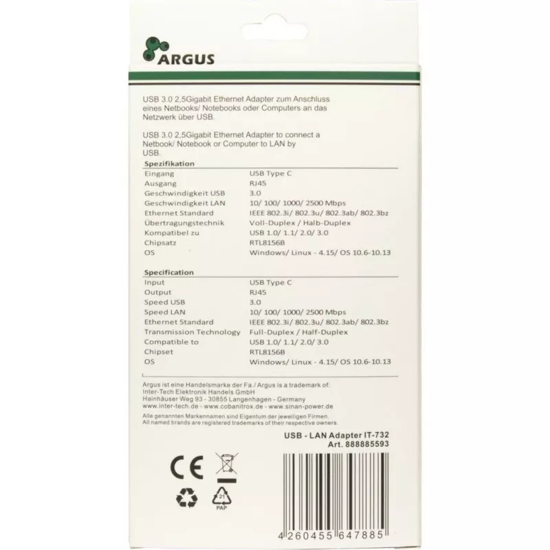 Adapter Ethernet Inter-Tech IT-732 2500 Mbit/s USB Type-C przewodowy