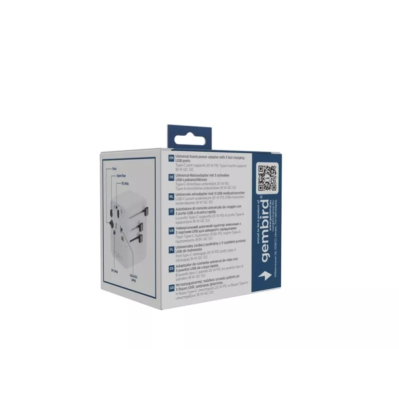 Podróżny zasilacz sieciowy GEMBIRD TPA-1A2C20-01-W — 20 W, USB-A (18 W) + 2× USB-C (20 W), wtyczka typu E, biały