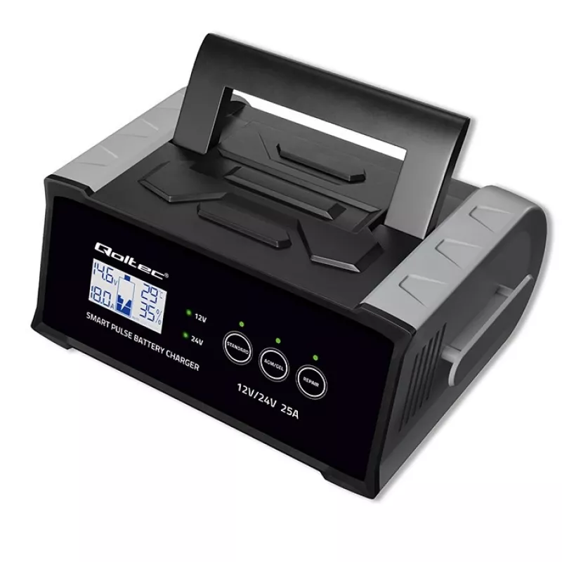 Prostownik QOLTEC 52514 — 12 V/24 V, 25 A, do akumulatorów AGM/żelowych/SLA z wyświetlaczem LCD