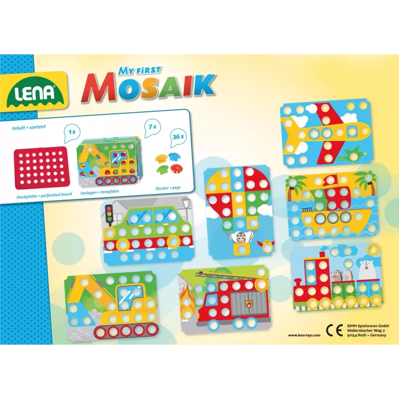 Edukacyjny zestaw mozaikowy Lena My First Mozaic Traffic model 35633 — tablica z kołeczkami do tworzenia obrazków o tematyce pojazdów