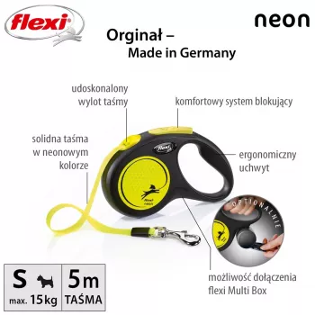 Automatyczna smycz Flexi New NEON 5 m – smycz taśmowa, dla małych psów do 15 kg, czarno-żółta