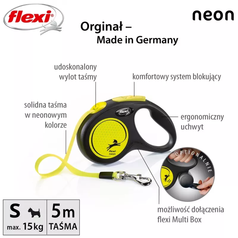 Automatyczna smycz Flexi New NEON 5 m – smycz taśmowa, dla małych psów do 15 kg, czarno-żółta