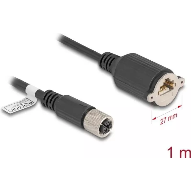Kabel sieciowy DeLOCK M12 X-coded 8-pin żeński do gniazda RJ45 Cat.6A 1 m czarny