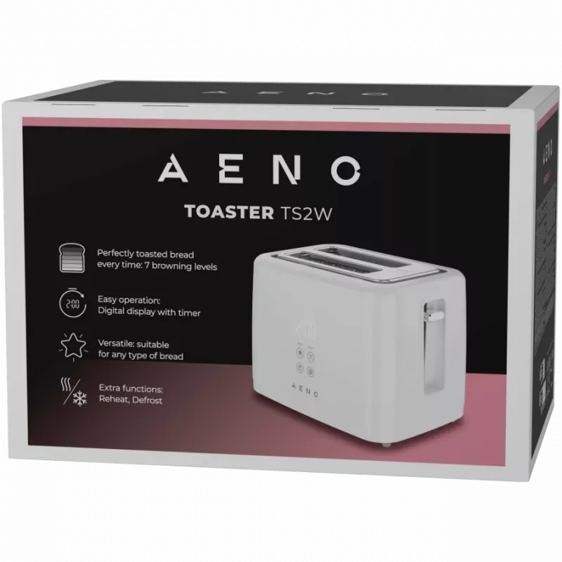 Toster AENO ATS0002W 2-szczelinowy, 780–930 W, 220–240 V 50–60 Hz, 3 tryby, 7 poziomów przyrumieniania, biały