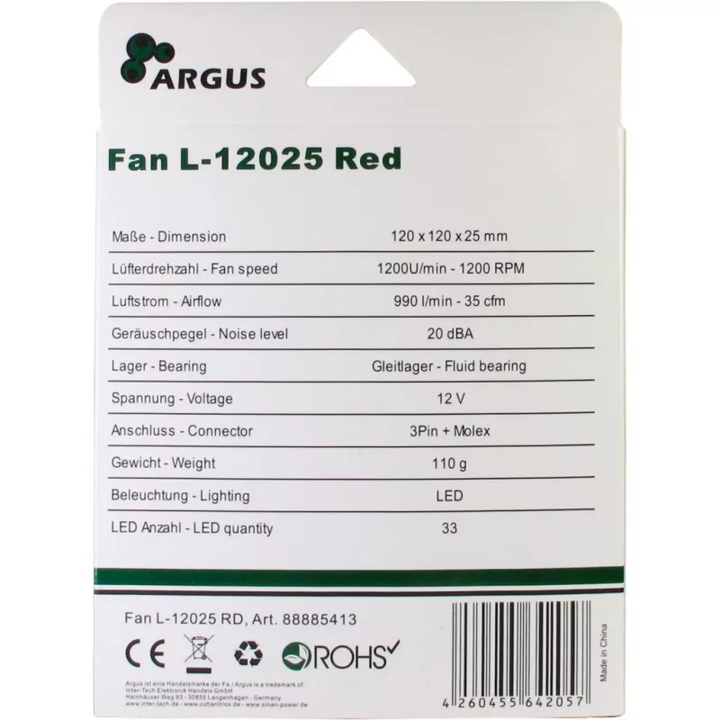 Inter-Tech Argus L-12025 Wentylator obudowy 120 mm — Czarny