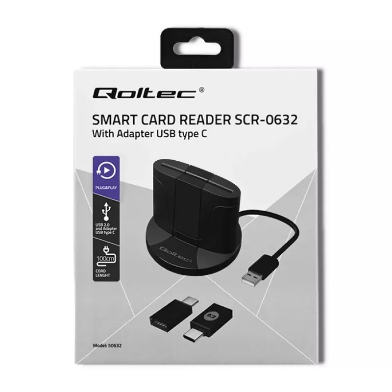 Czytnik kart inteligentnych Qoltec 50632 USB 2.0 Czarny Kabel 1m