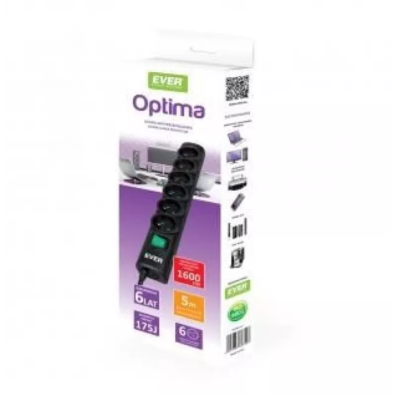 Ever Optima 5m Czarny 6 gniazd AC 250 V