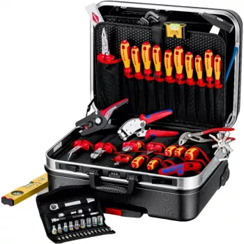 Zestaw narzędzi mechanicznych Knipex 00 21 06 — 68 narzędzi, zawiera szczypce igłowe i do pomp wodnych, czerwone/żółte narzędzia, czarna walizka (515×438×265 mm)