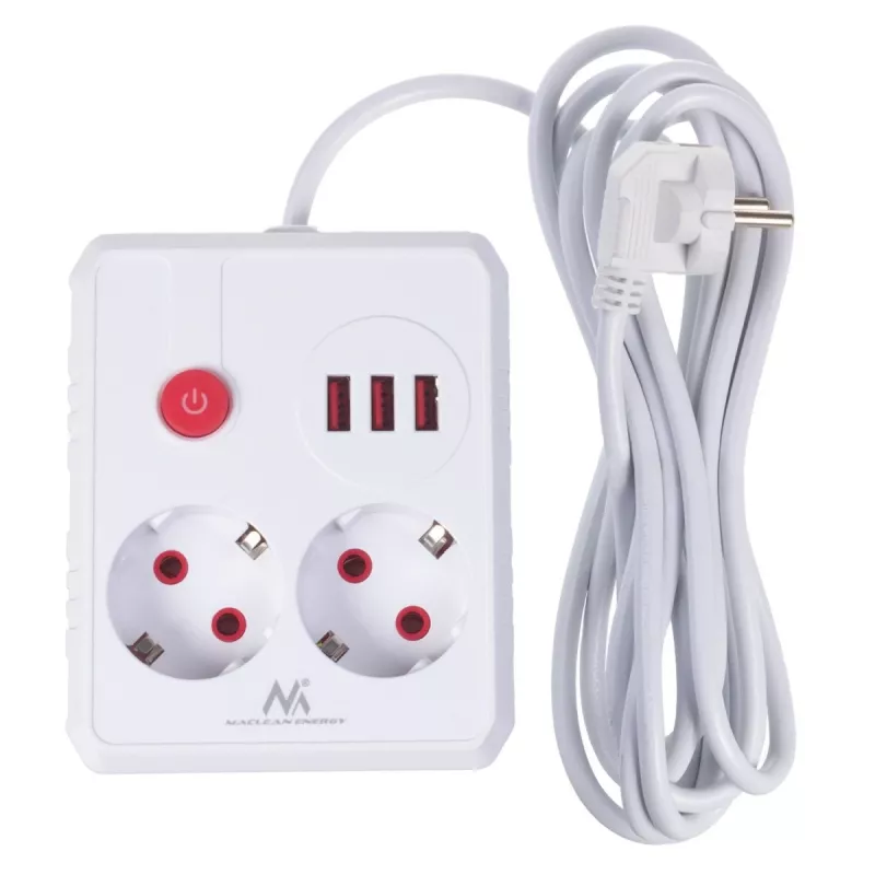 Listwa zasilająca MACLEAN MCE388 W — 2 gniazda, 3×USB, 110–240V, 2500W, kabel 3 m, biała