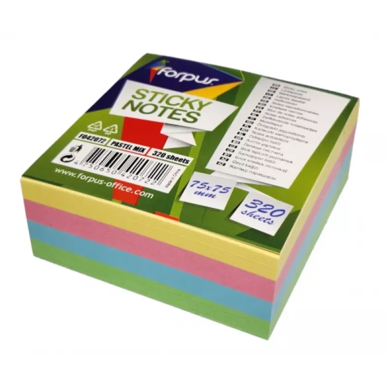 Karteczki samoprzylepne Forpus, 75x75mm, Mix 4 pastelowych kolorów, kostka (1x320)