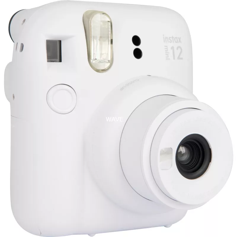 Aparat natychmiastowy Fujifilm Instax Mini 12 biały — odbitki 86×54 mm, ogniskowa 60 mm, bateria AA
