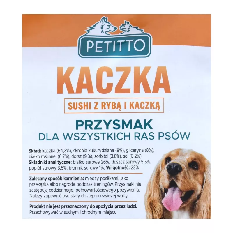Przysmaki dla psów PETITTO Sushi z rybą i kaczką 500 g — miękkie hipoalergiczne przysmaki treningowe, białko 26%, wilgotność 23%