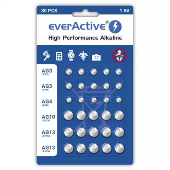 Baterie alkaliczne everActive AGMIX30BL 1,5 V — opakowanie 30 sztuk, ogniwa guzikowe