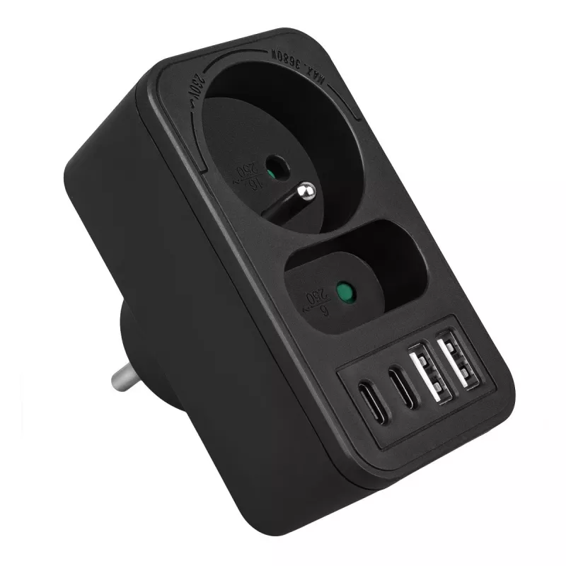 Rozgałęźnik zasilania MACLEAN MCE249 F/B — 2 gniazda AC (16A + 6A) z 2×USB-A i 2×USB-C PD 20W, wtyk EU, czarny