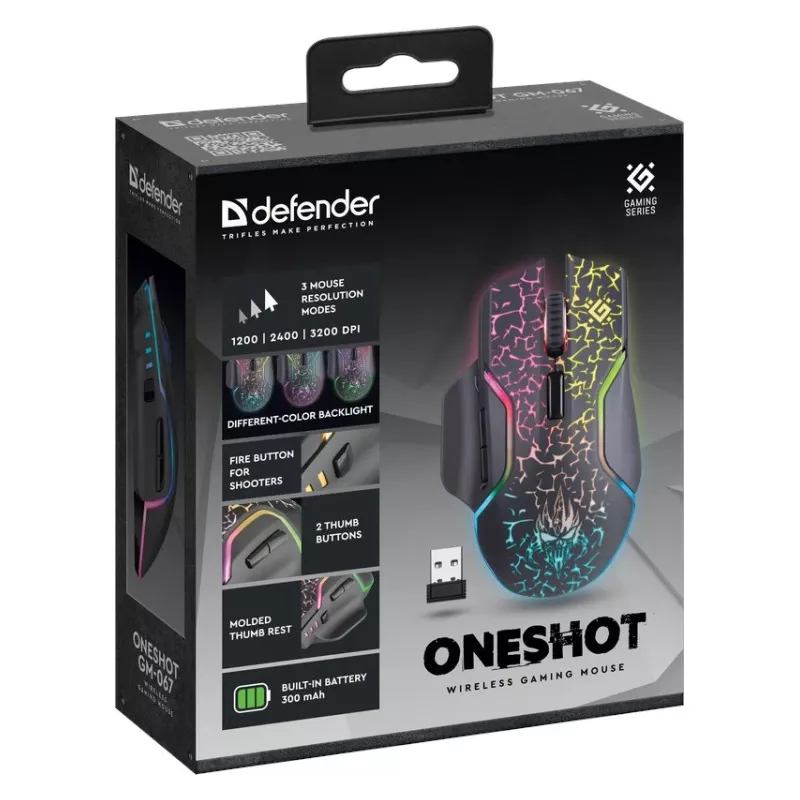 Defender Oneshot GM-067 Mysz Gamingowa dla Praworęcznych RF Bezprzewodowa + USB Typ