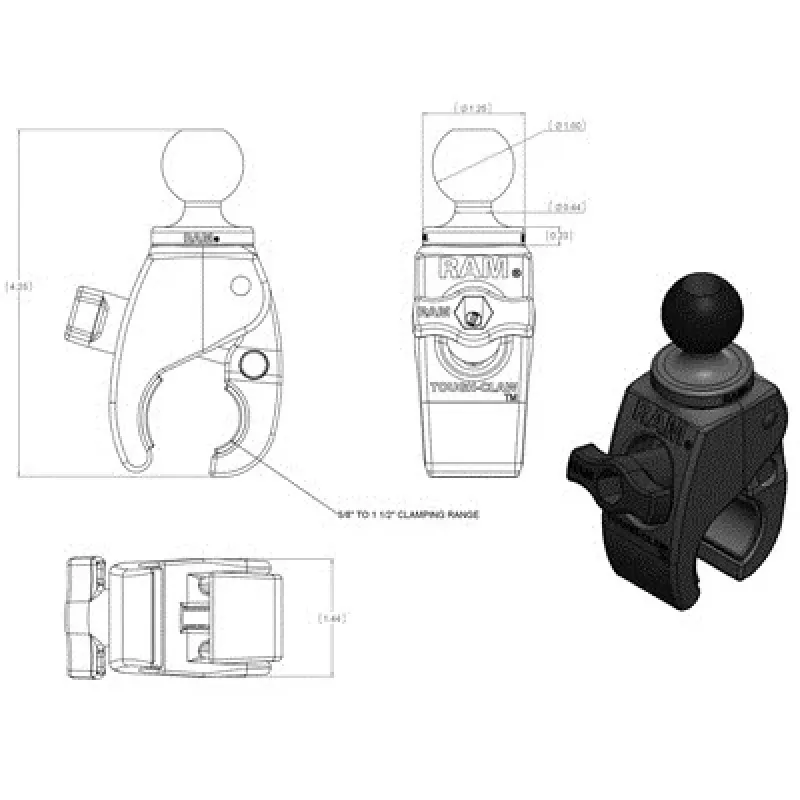 Podstawa zaciskowa RAM Mounts Tough-Claw Small RAP-B-400U, kompozytowa, kulka 2,54 cm, czarna