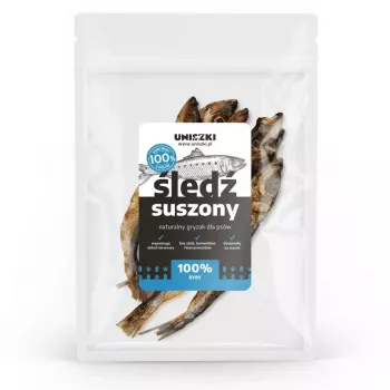 Suszony śledź dla psa UNISZKI 50 g — smak rybny, saszetka 50 g, naturalny przysmak