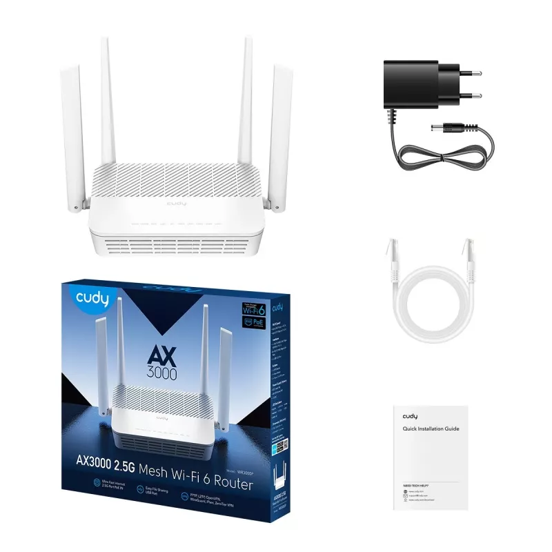 Cudy WR3000P stacjonarny router bezprzewodowy Wi‑Fi 6 dwupasmowy 2,4/5 GHz, 2,5 Gigabit Ethernet, 3 porty LAN, biały