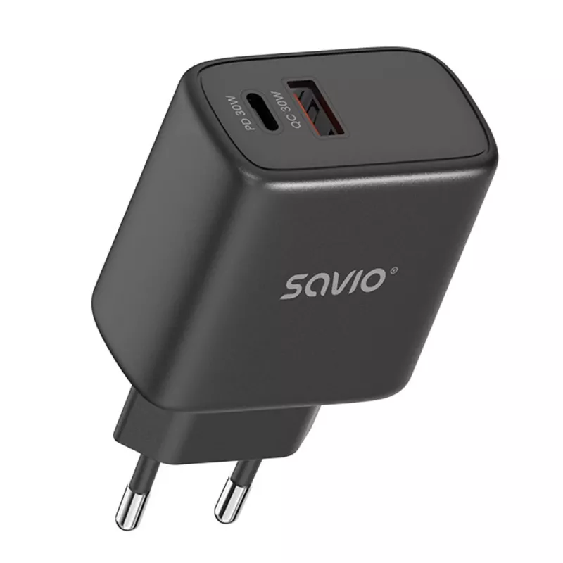 Ładowarka zewnętrzna SAVIO LA-06/B USB Type-C 30W Power Delivery 1x USB-C Czarny, 5–20V, 3A/9V, 3A/5V, 3A/12V, 2.1A
