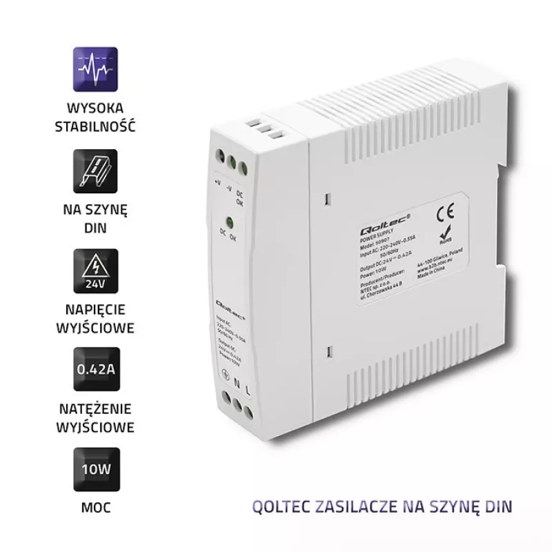Zasilacz na szynę DIN 10W, 24V, 0,42A, cienki