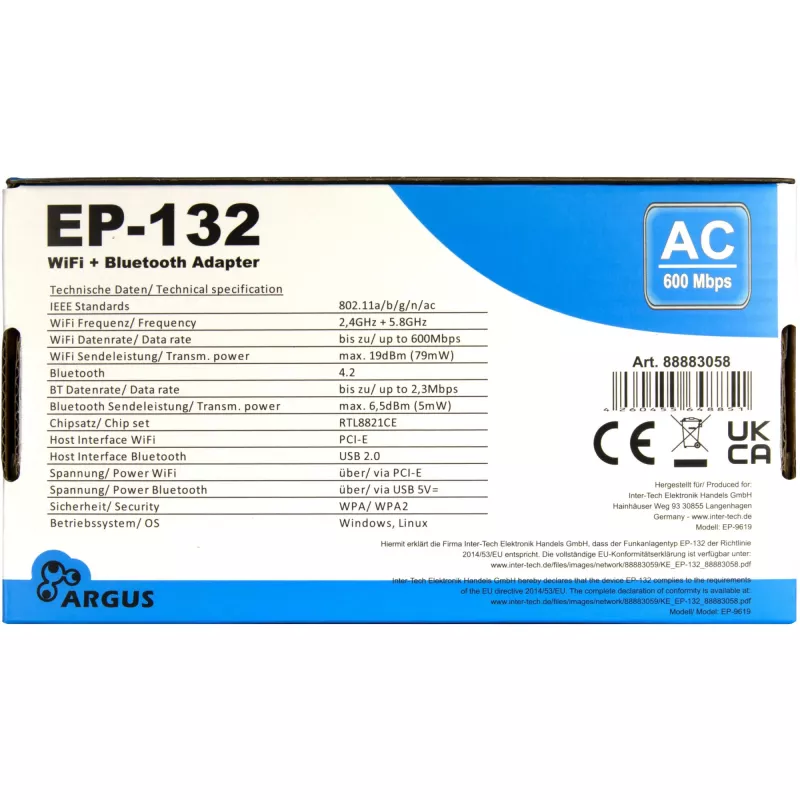 Bezprzewodowa karta sieciowa USB INTER-TECH Argus EP-132, USB 2.0, Wi-Fi 5 (do 600 Mbps)