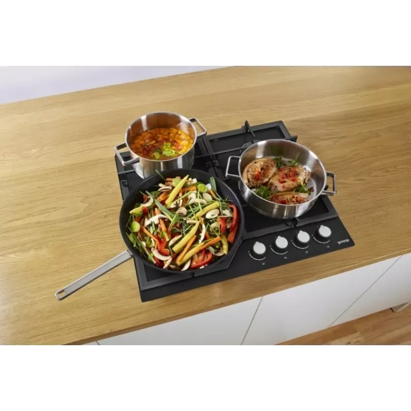Gas hob Gorenje GT641KB, built-in 60 cm, 4 gas zones, tempered glass, cast iron grates, rotary knobs