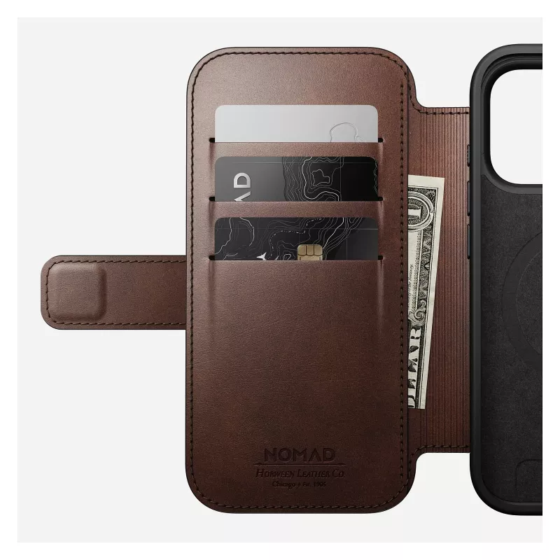 Etui do telefonu Nomad Modern Leather Folio dla iPhone 17 Pro, skóra/aluminium, 16 cm (6,3 cala) brązowy, 4 kieszenie na karty
