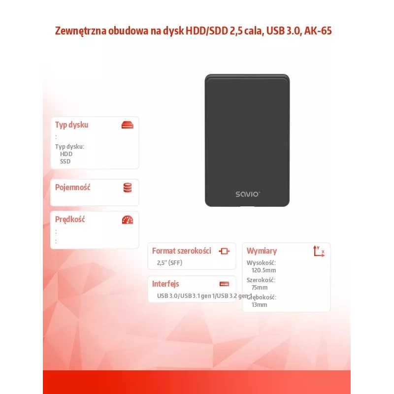 Obudowa HDD/SSD SAVIO AK-65 Czarna 2,5 cala SATA USB 3.0 5 Gbit/s Micro-USB