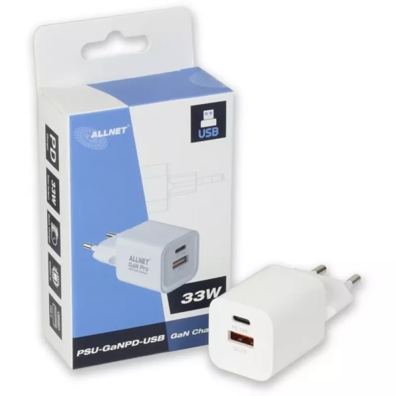 Zasilacz ALLNET PSU-GaNPD-USB-1A1C-45W USB-C PD i USB-A QC 45W ładowarka GaN
