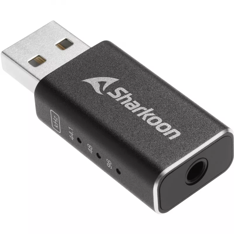Wewnętrzny adapter USB Type-A na 3,5 mm DAC Sharkoon DAC Pro S — 2 V, czarny, kompaktowy (42×17,3×9,7 mm)