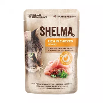 Mokra karma dla kota SHELMA Rich in chicken in sauce 85 g — pełnoporcjowa karma dla dorosłych kotów