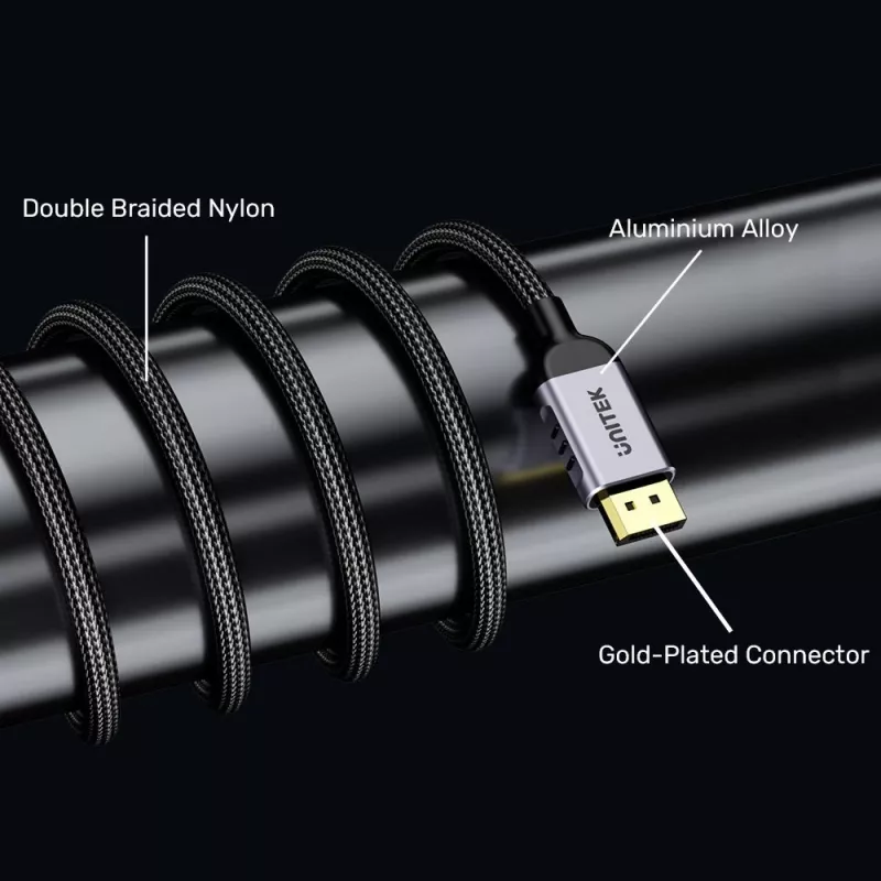Kabel DisplayPort Unitek C1626GY01-1.5M — 1,5 m, DisplayPort 2.1, męski na męski, 360 Hz, 15360×8640, szary