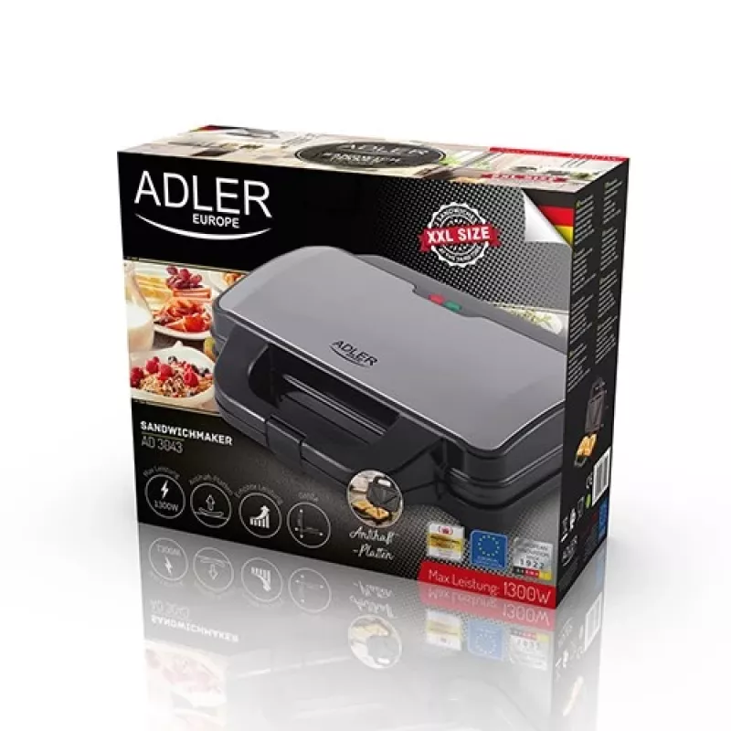 Opiekacz do kanapek Adler AD 3043, 1300 W, płyty z powłoką nieprzywierającą, 2 kanapki, powierzchnia grillowa 285×152 mm, czarny