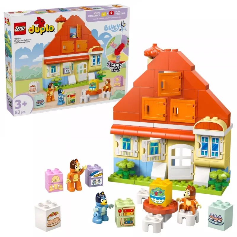 Klocki LEGO Bluey Dom Rodzinny z grą memory 10459 — 83 elementy, 3 minifigurki, wiek 3+