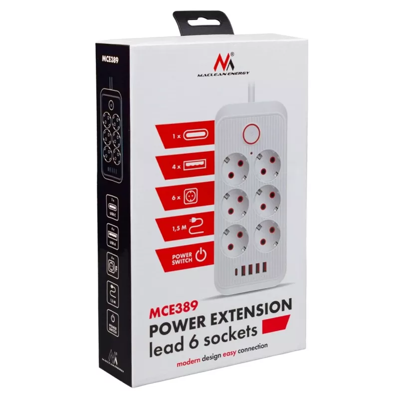 Listwa zasilająca MACLEAN MCE389 W — 6 gniazd, 4×USB-A, 1×USB-C, 2500 W, 110–240 V, przewód 1,5 m, biały
