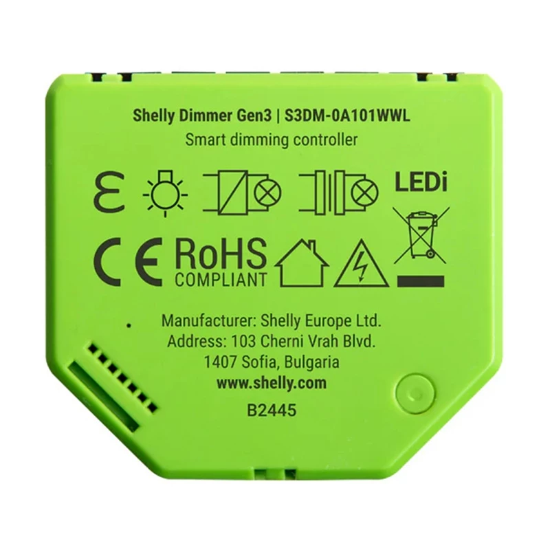 Wbudowany ściemniacz Shelly Dimmer Gen3 — LED maks. 150 W, halogen maks. 200 W, 220–240 V, bezprzewodowy, czarny/limonkowy