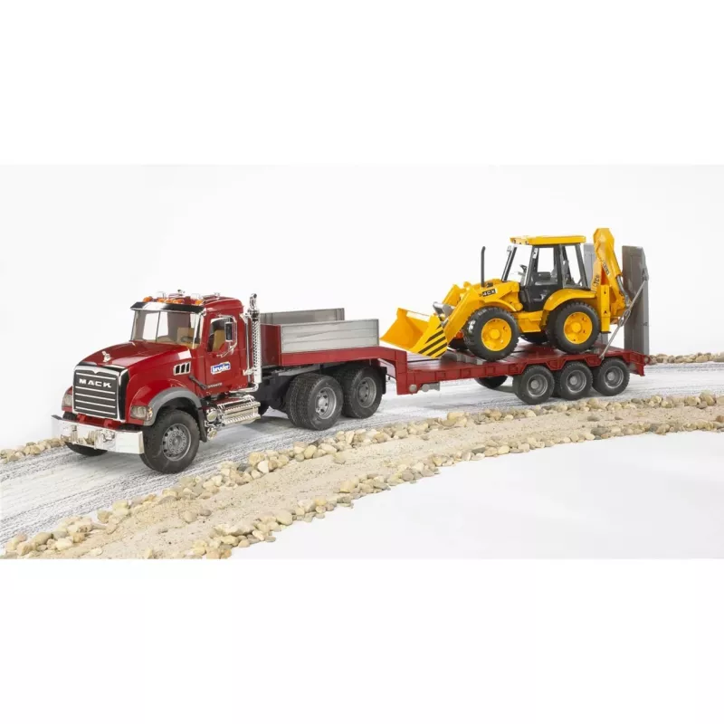 Toy low loader truck with JCB 4CX accessory, BRUDER, model BR-02813, ABS construction, multicolour
